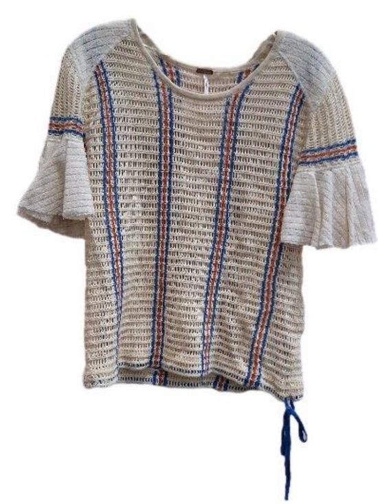 Free People Tops - Free People Crochet Bell Sleeve Ribbon Top w/Tie Cinch Open Hem Bottom Sz Med